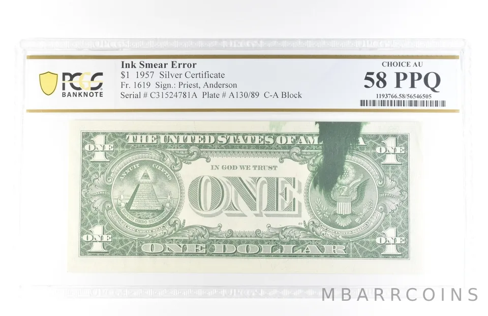 1957 $1 Silver Certificate Ink Smear Error Fr#1619 Choice AU 58 PPQ PCGS *5799