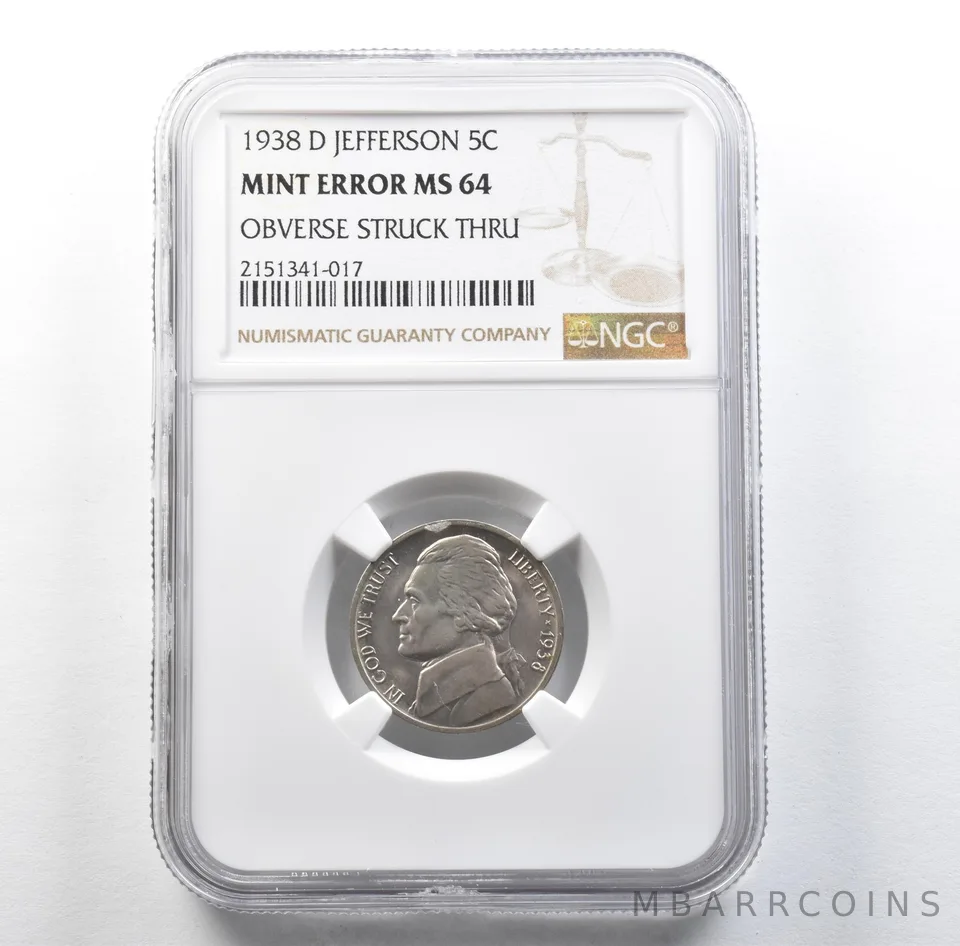 1938-D Jefferson Nickel Mint Error Obverse Struck Thru MS64 NGC *3121