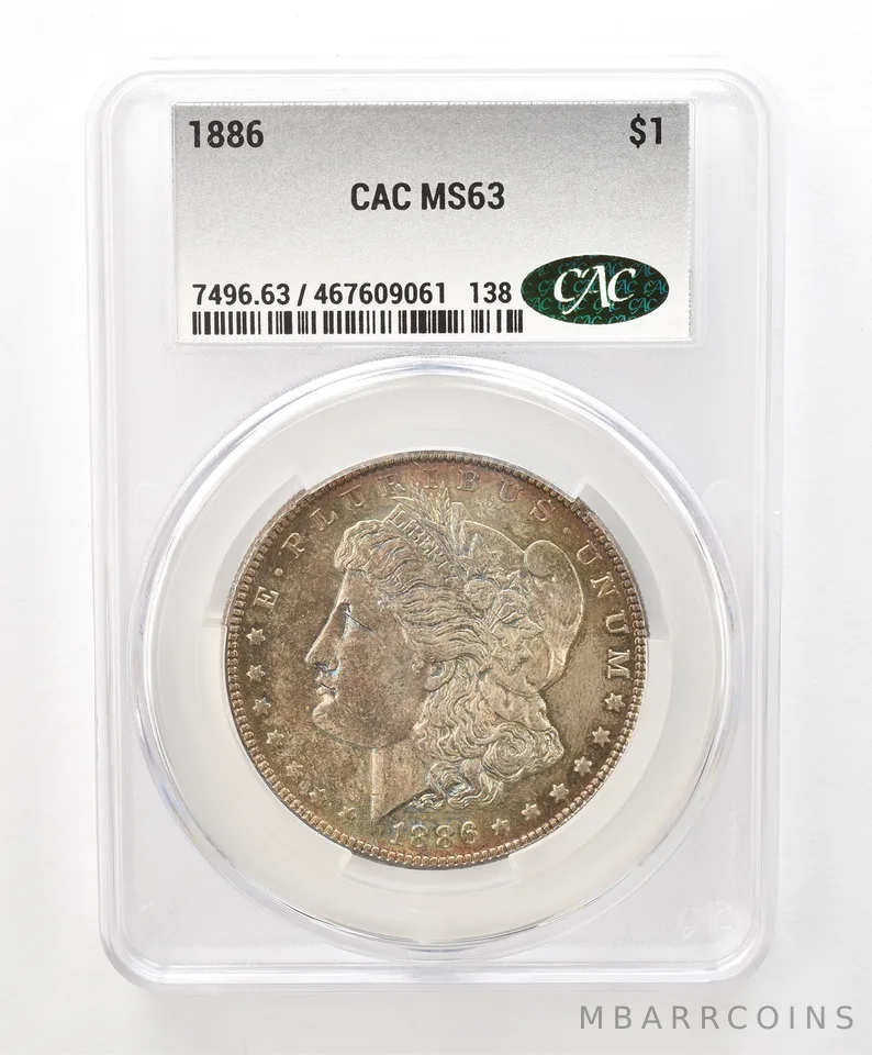 1886 Morgan Silver Dollar MS63 CAC CACg Beautiful Tone *6593