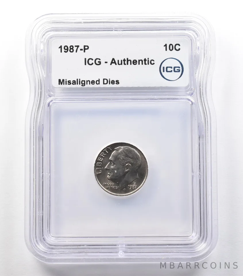 1987-P Roosevelt Dime Mint Error Misaligned Dies Authentic ICG *2435