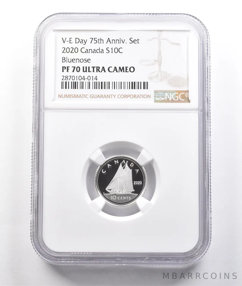 2020 Canada 10 Cents Silver Bluenose VE Day 75th Anniversary Set PF70 NGC *3813