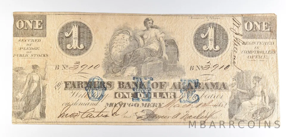 1862 $1 Montgomery AL Farmers Bank Obsolete Note *8635
