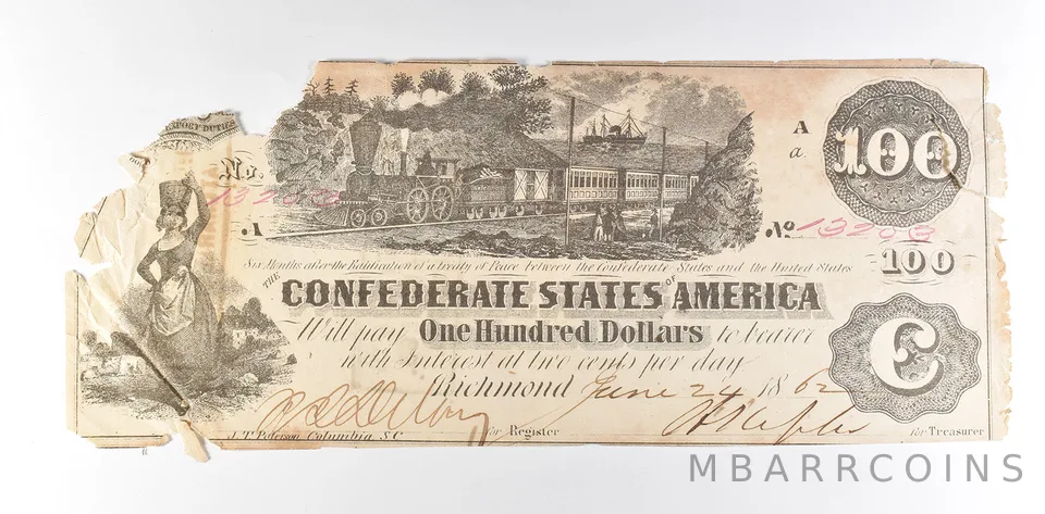 1862 $100 Confederate States Of America T-39 Large Note a8609
