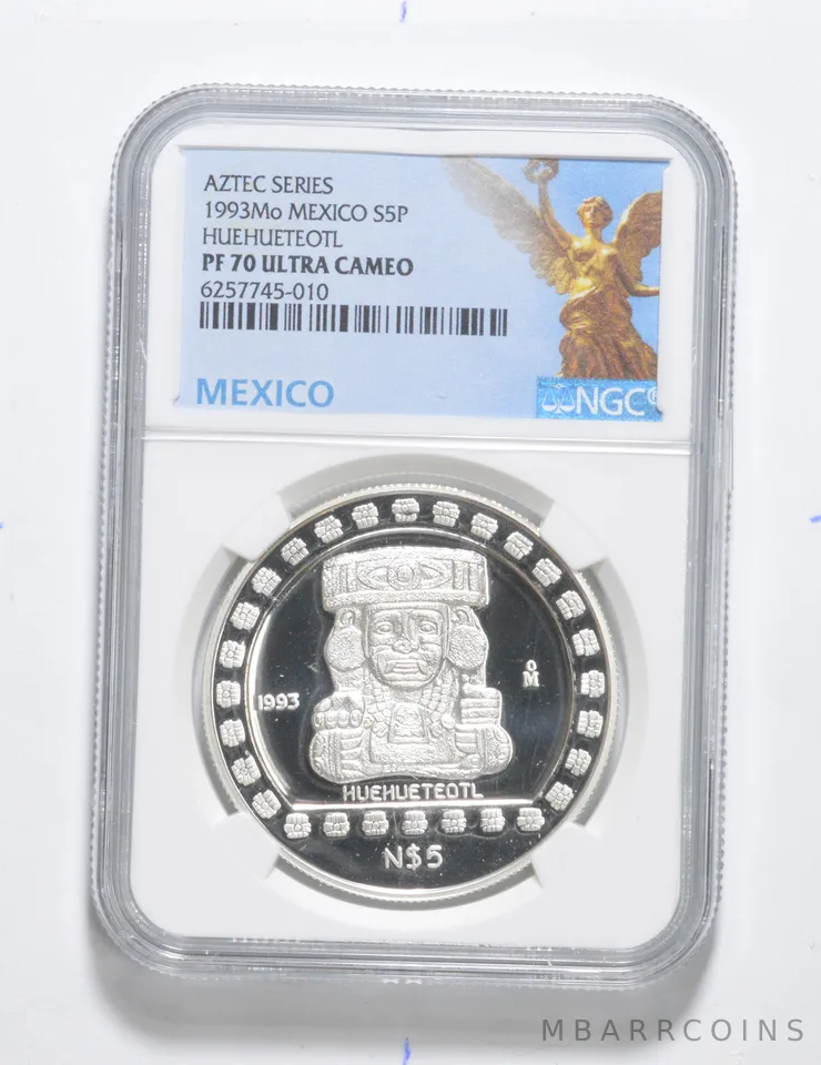 PF70 UCAM 1993 Mo Mexico Silver 5 Pesos Aztec Series Huehueteotl NGC *3398