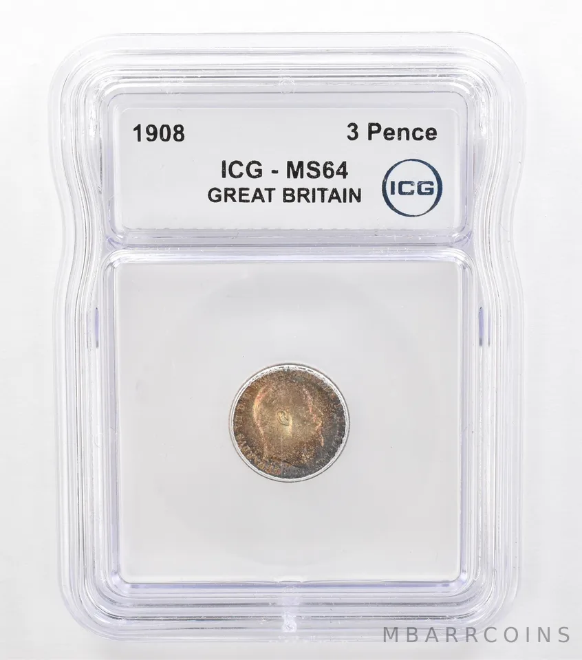 1908 Great Britain 3 Pence MS64 ICG Beautiful Tone *5736