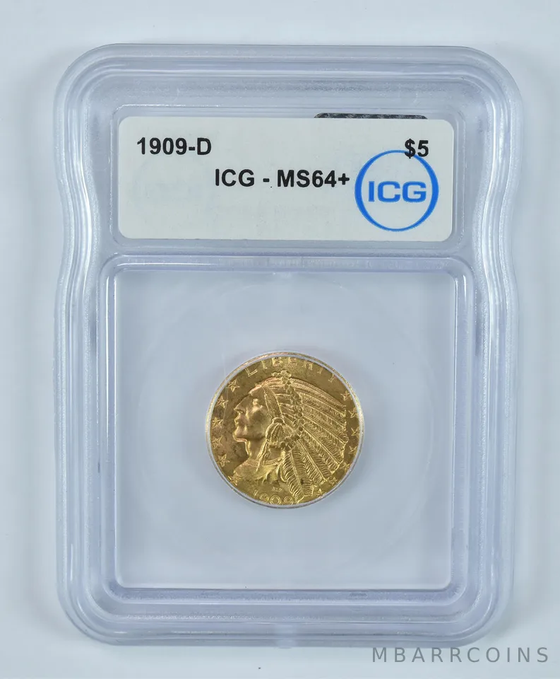 1909-D $5 Indian Head Gold Half Eagle MS64+ ICG *9256