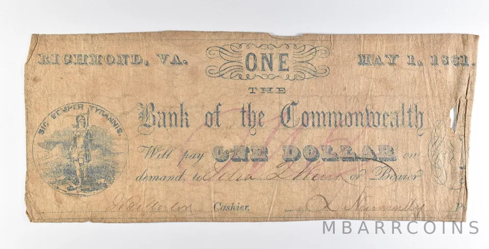1861 $1 Richmond VA Bank Of The Commonwealth Obsolete Note *8934