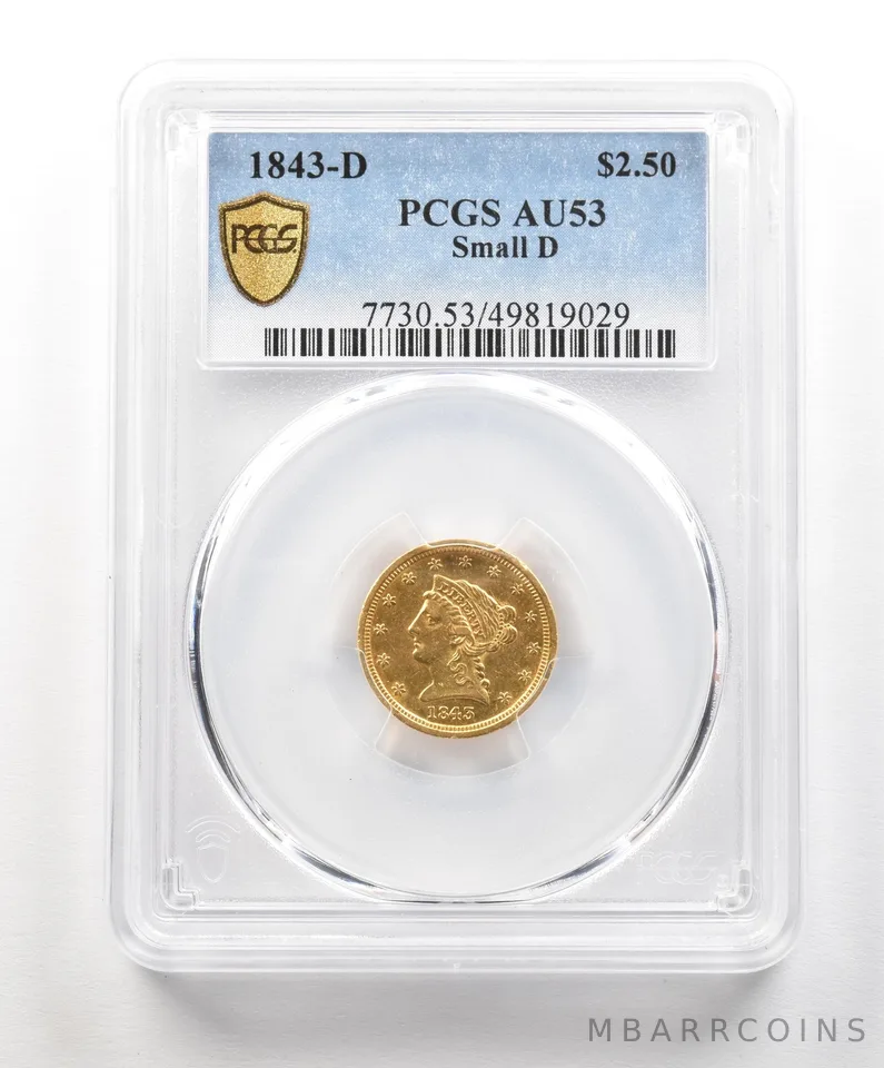 1843-D $2.50 Liberty Head Gold Quarter Eagle Small D AU53 PCGS a4902