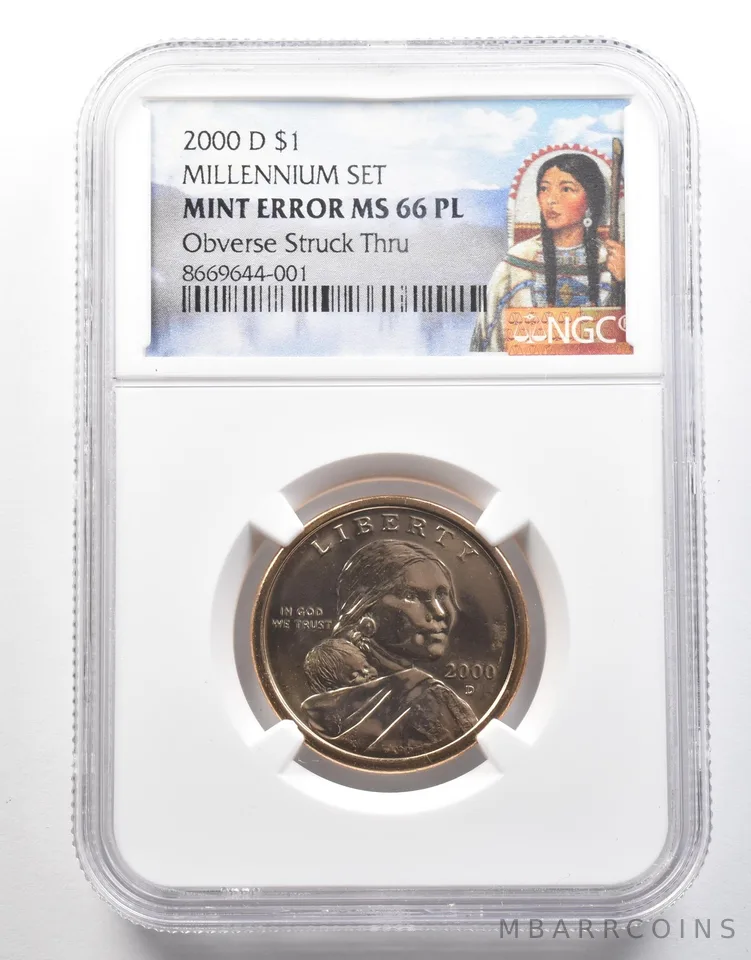 2000-D Sacagawea $1 Millennium Set Mint Error Obv Struck Thru MS66 PL NGC a4072