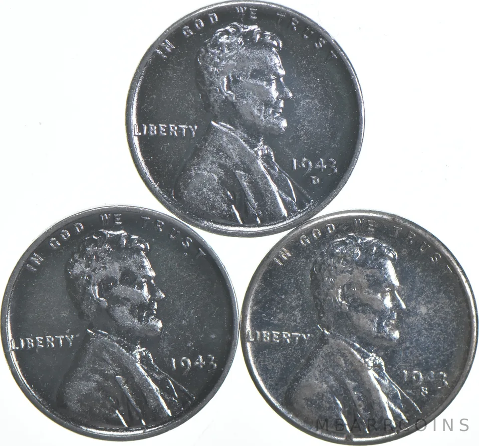 1943 P+D+S Lincoln Cent Wartime Steel "Silver" Cent Set WWII (3 coins)