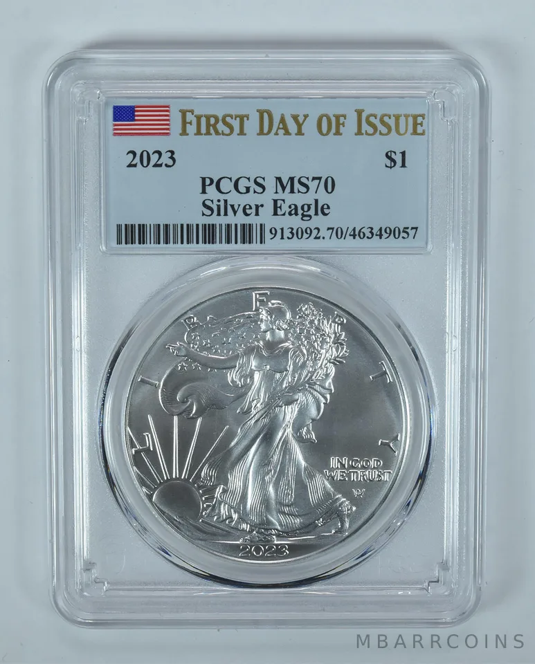 2023 American Silver Eagle FDOI MS70 PCGS Flag Label
