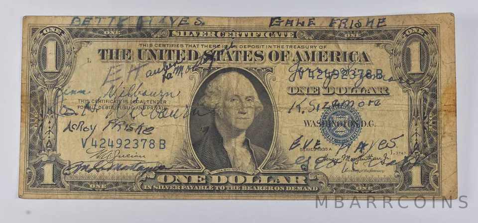 1935-A $1 United States Silver Certificate WWII Short Snorter a5291