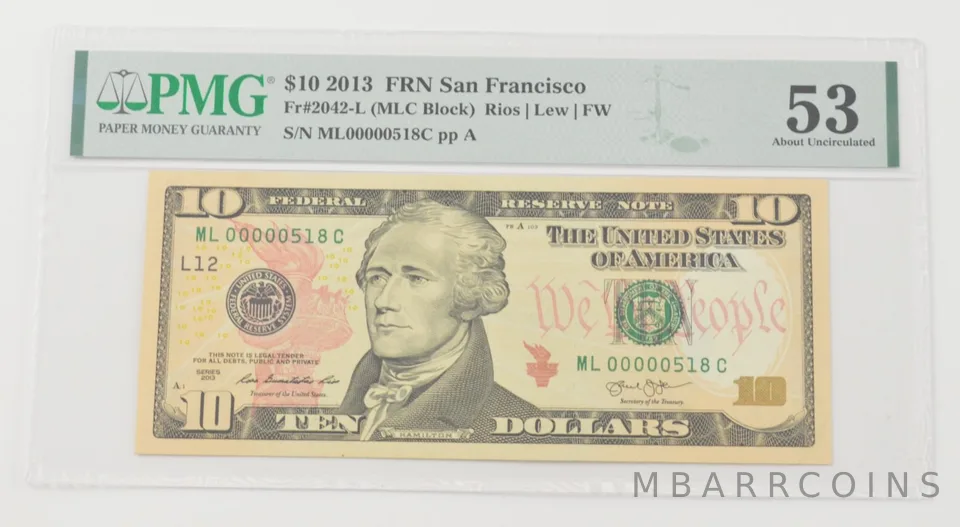 About UNC 53 2013 $10 FRN San Francisco - FR#2042-L - PMG 518 Low Serial a6604