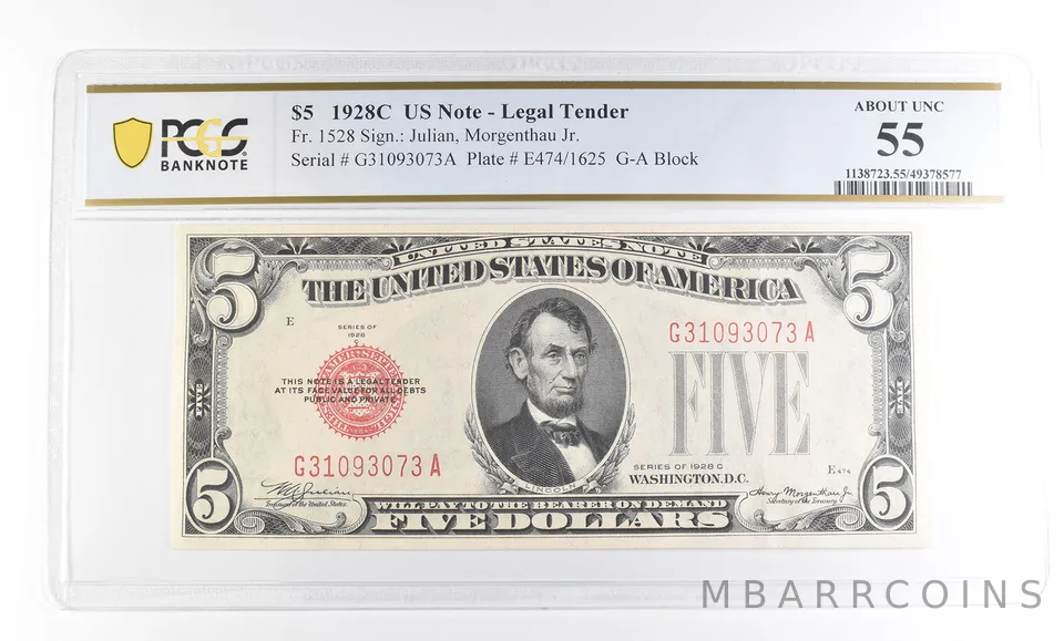 1928 C $5 US Legal Tender Fr#1528 About Unc 55 PCGS a2363