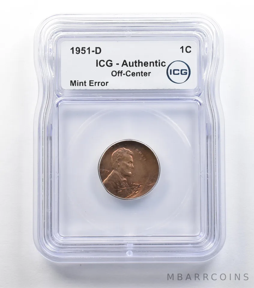 1951-D Lincoln Wheat Cent Mint Error Off-Center Authentic ICG *5441