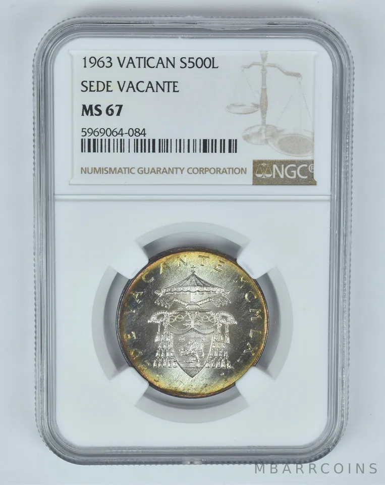 MS67 1963 Vatican 500 Lire Silver - Sede Vacante - Graded NGC Toned! *8983