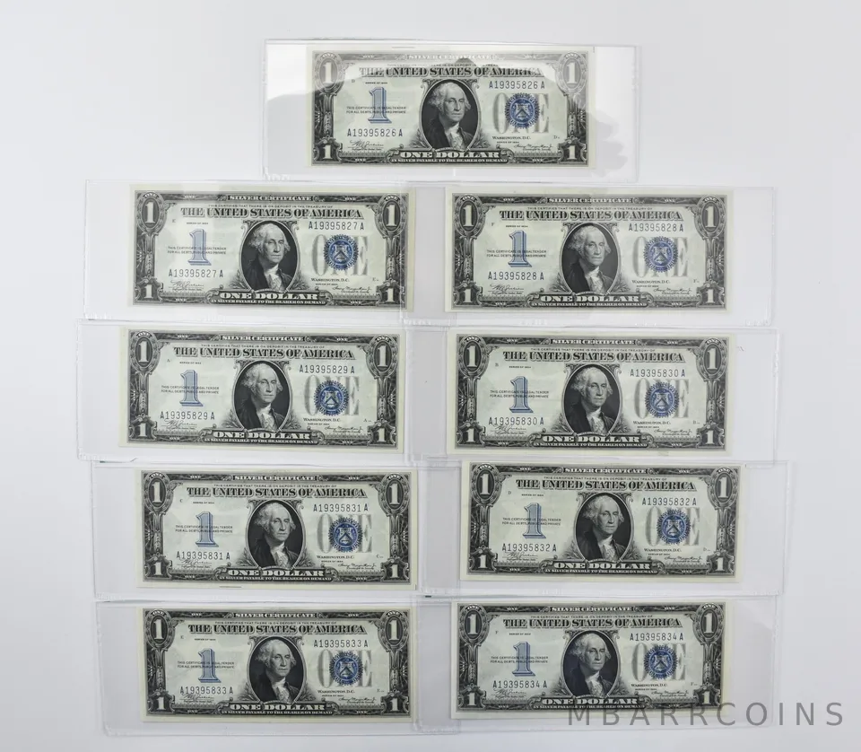 Lot (9) 1934 $1 Silver Certificate Blue Seal Consecutive Serial Numbers a7080