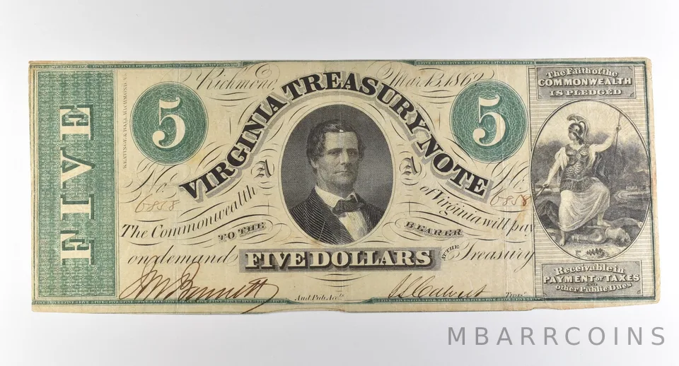 1862 $5 Virginia Treasury Note Obsolete Note *3818
