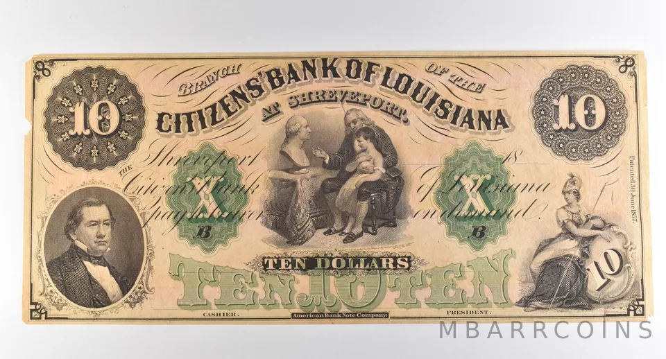 1800s $10 Shreveport LA Citizens' Bank Obsolete Note *3829