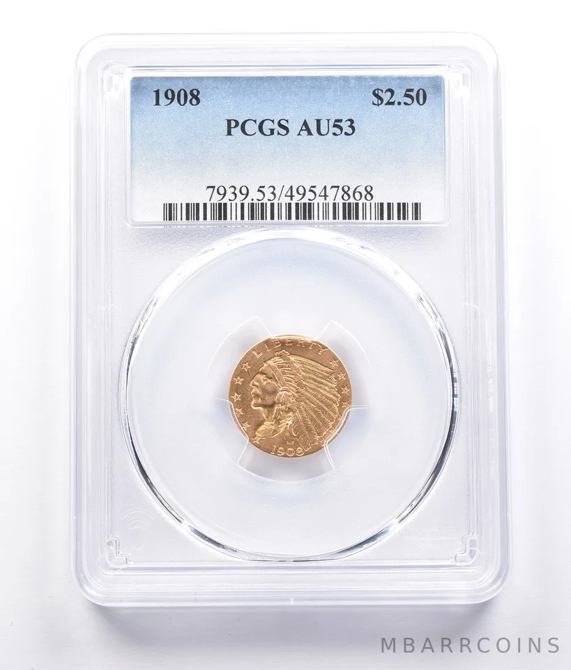 1908 $2.50 Indian Head Gold Quarter Eagle AU53 PCGS *1682