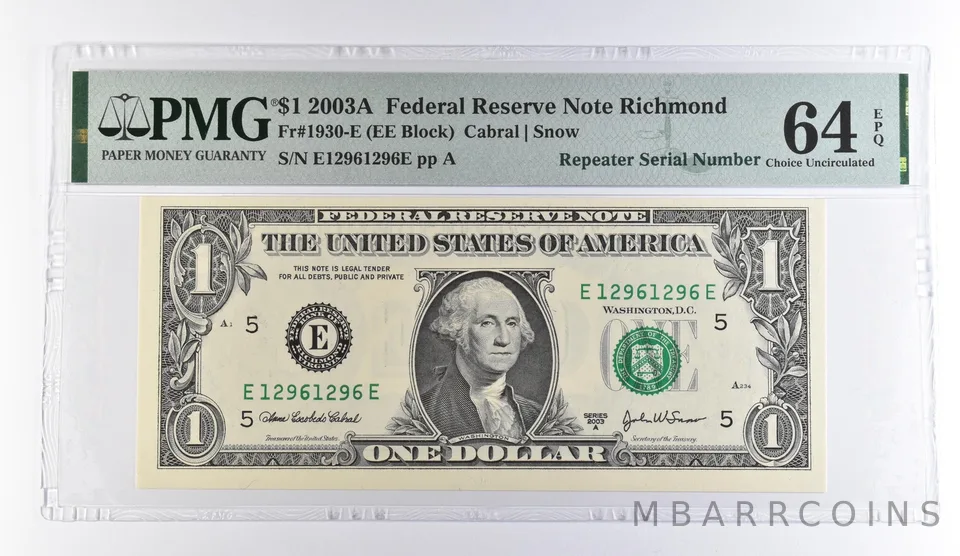 2003 A $1 Richmond VA FRN Repeater S/N Fr#1930-E Choice Unc 64 EPQ PMG *9503