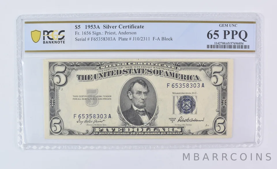 1953 A $5 Silver Certificate Fr#1656 Gem Unc 65 PPQ PCGS