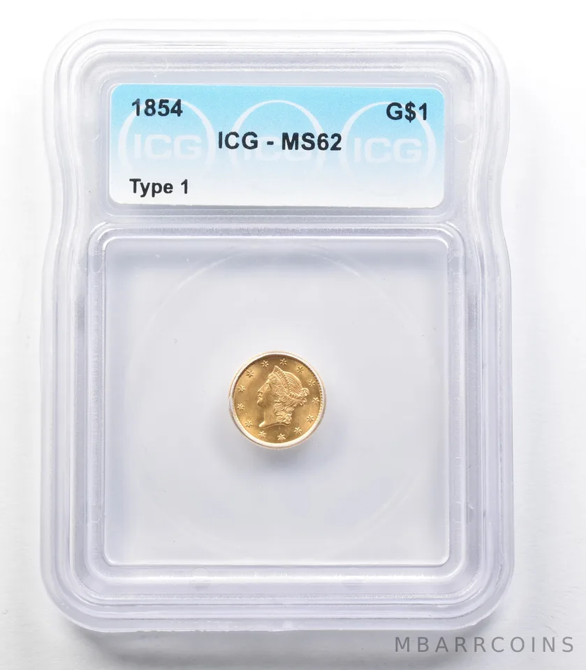 1854 $1 Liberty Head Gold Dollar Type 1 MS62 ICG *3308