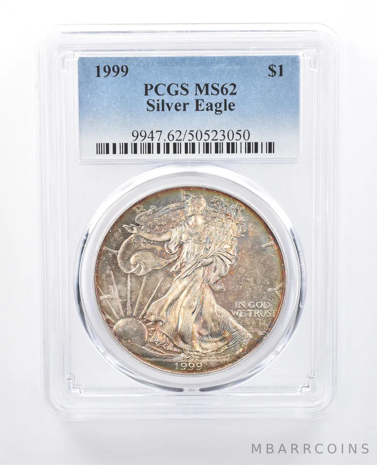 1999 American Silver Eagle MS62 PCGS Green/Yellow Tone *8175