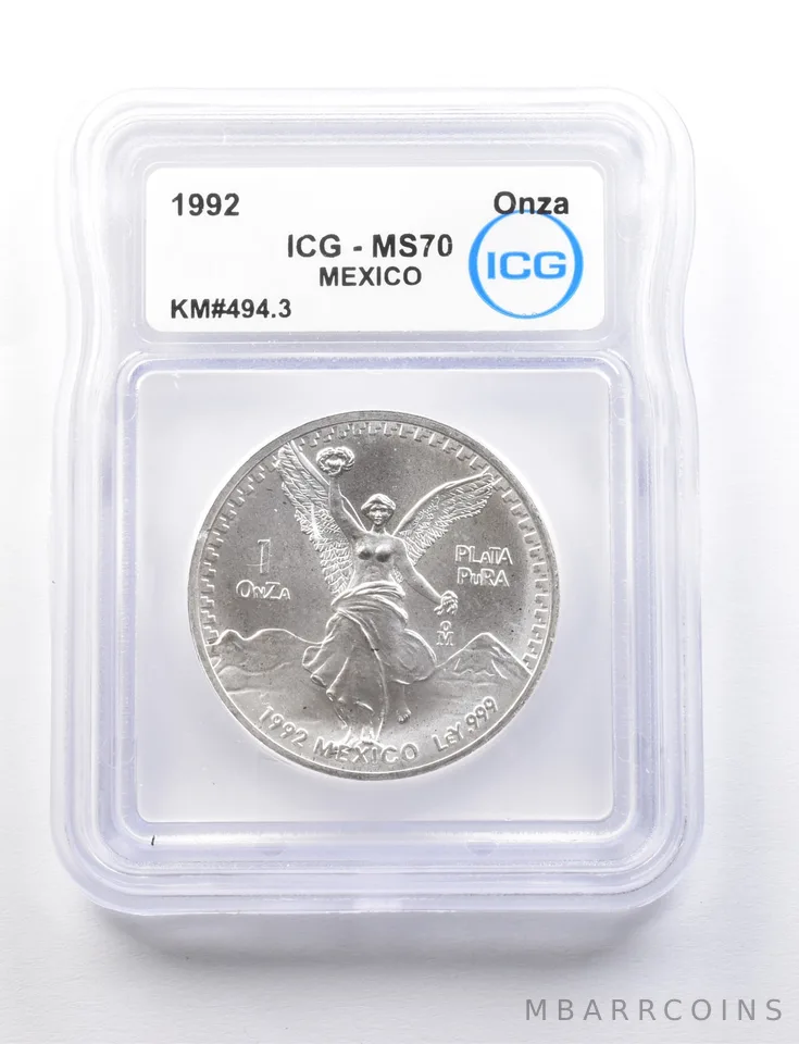 1992 Mexico 1 Onza Silver Libertad KM#494.3 MS70 ICG a7730
