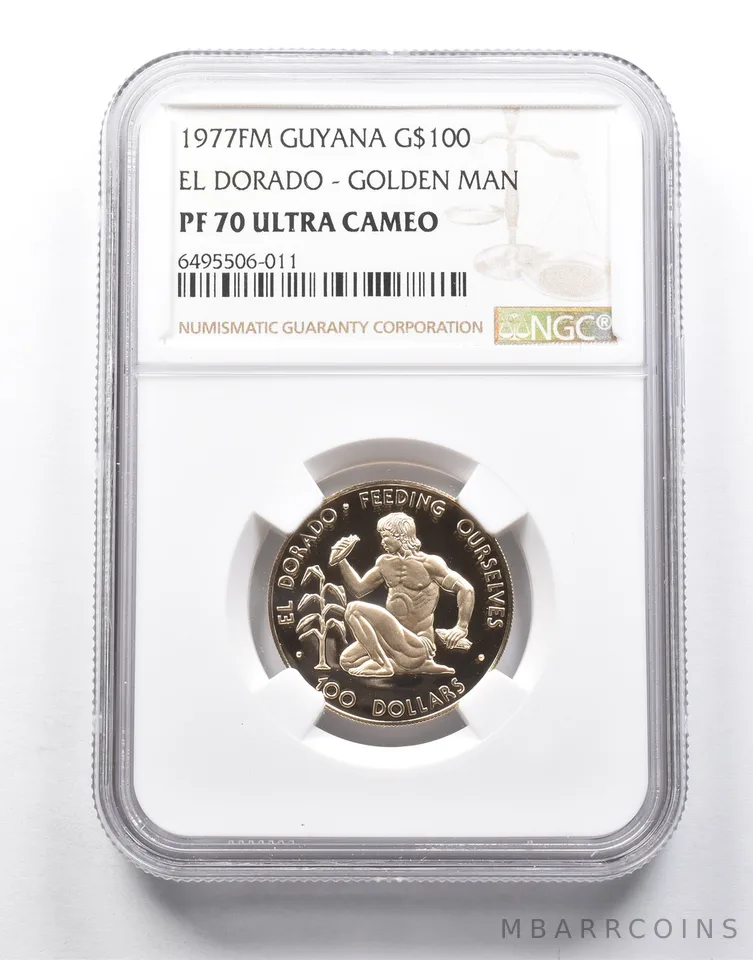 PF70 UCAM 1977 FM Guyana $100 Gold El Dorado Golden Man NGC *0115