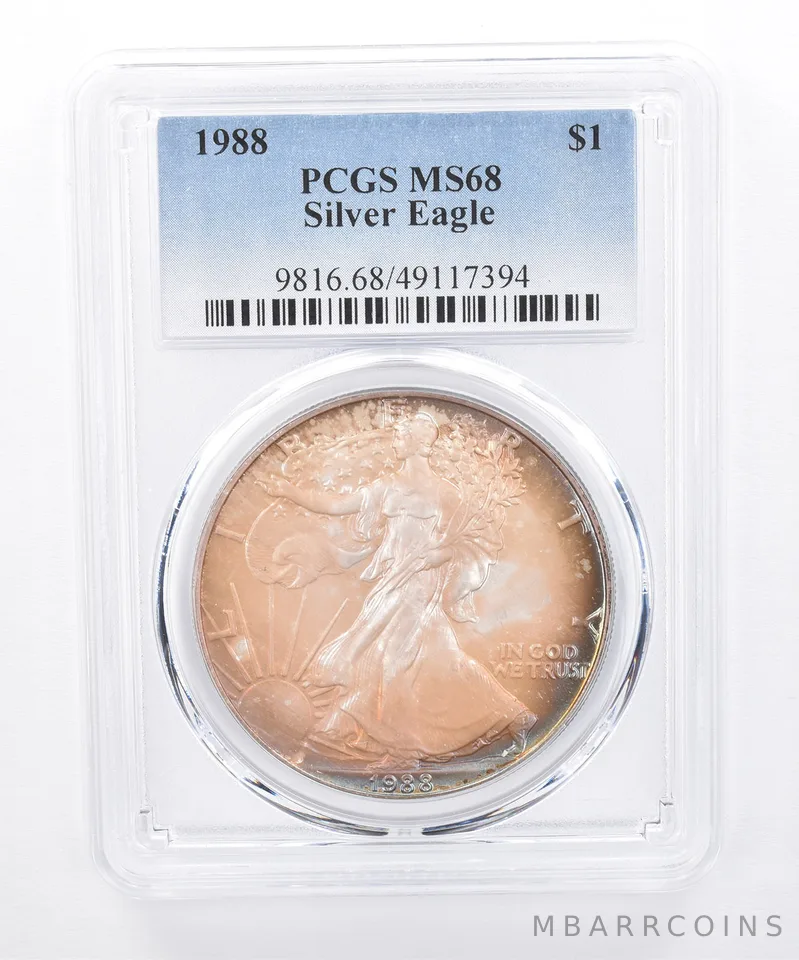 1988 American Silver Eagle MS68 PCGS Iridescent Tone *8413