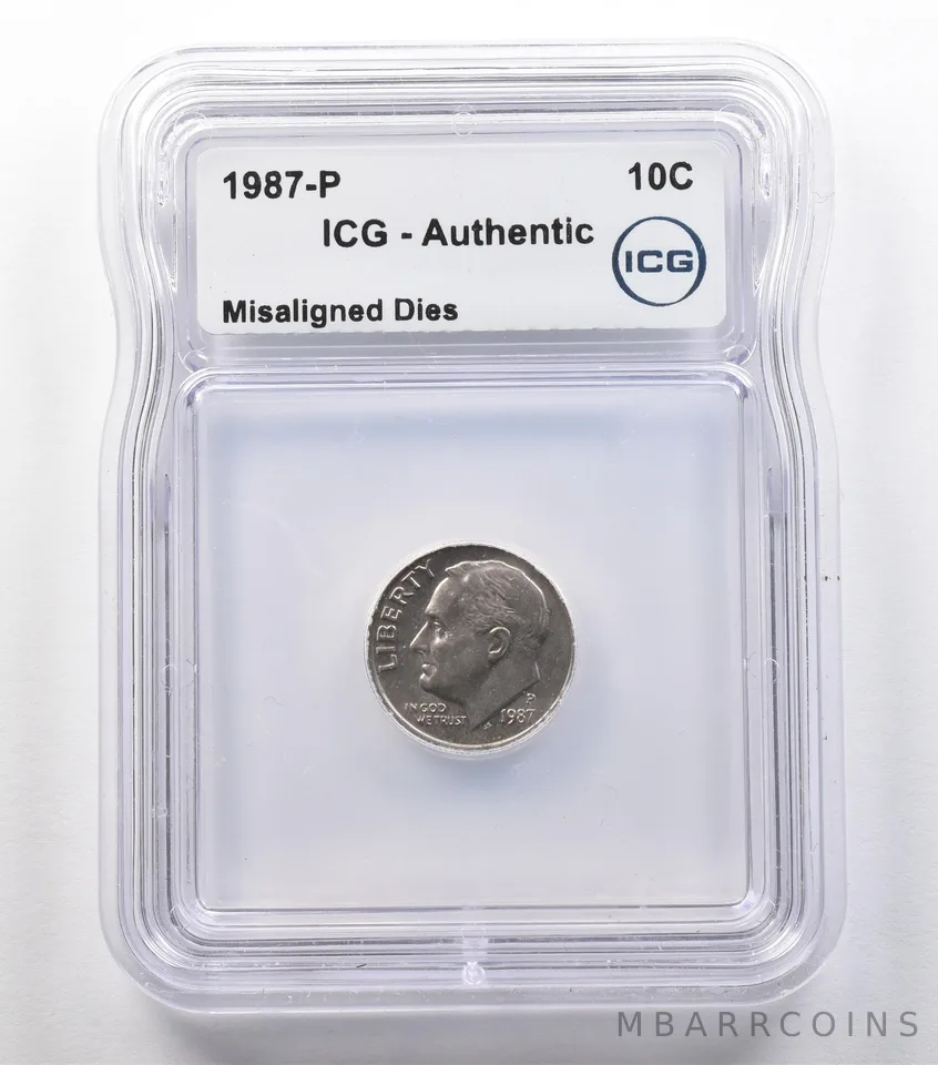 1987-P Roosevelt Dime Mint Error Misaligned Dies Authentic ICG *2429