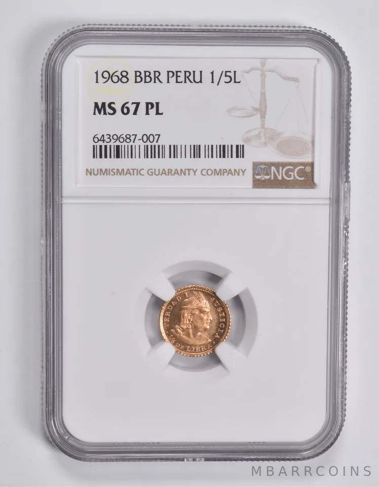 MS67 PL 1968 BBR Peru 1/5 Lima Gold Coin NGC a3646
