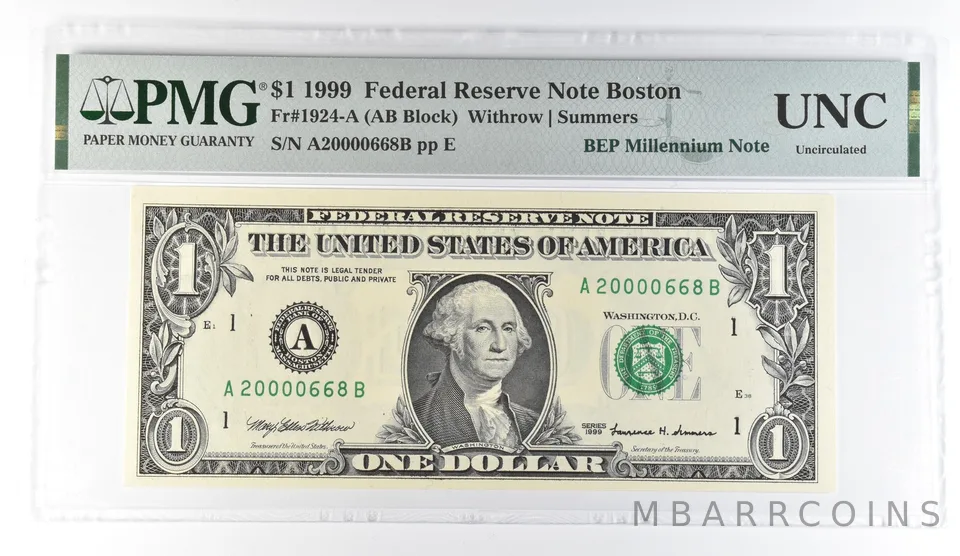 1999 $1 Boston Fr#1924-A FRN BEP Millennium Note PMG Fancy Serial *8084