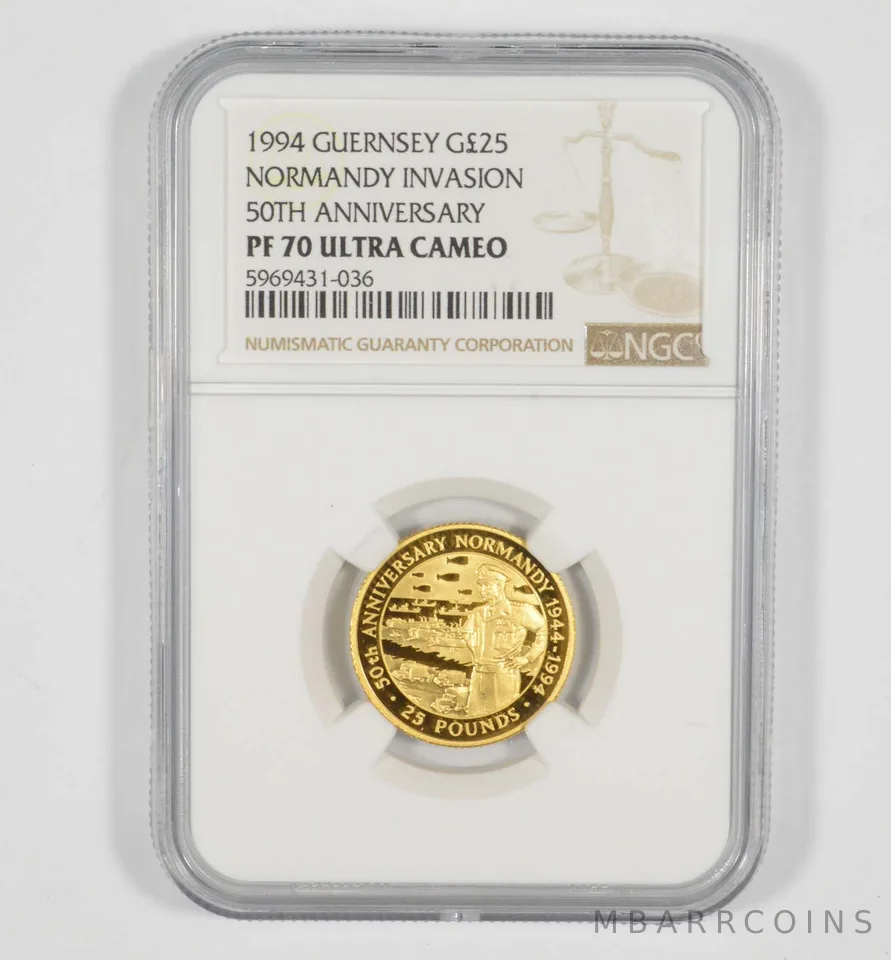 PF70 UCAM 1994 Guernsey 25 Gold Pounds Normandy Invasion 50th Anniv NGC *6962
