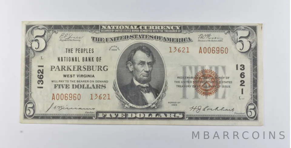 1929 $5 Parkersburg, WV US National Currency Note 13621 *7303