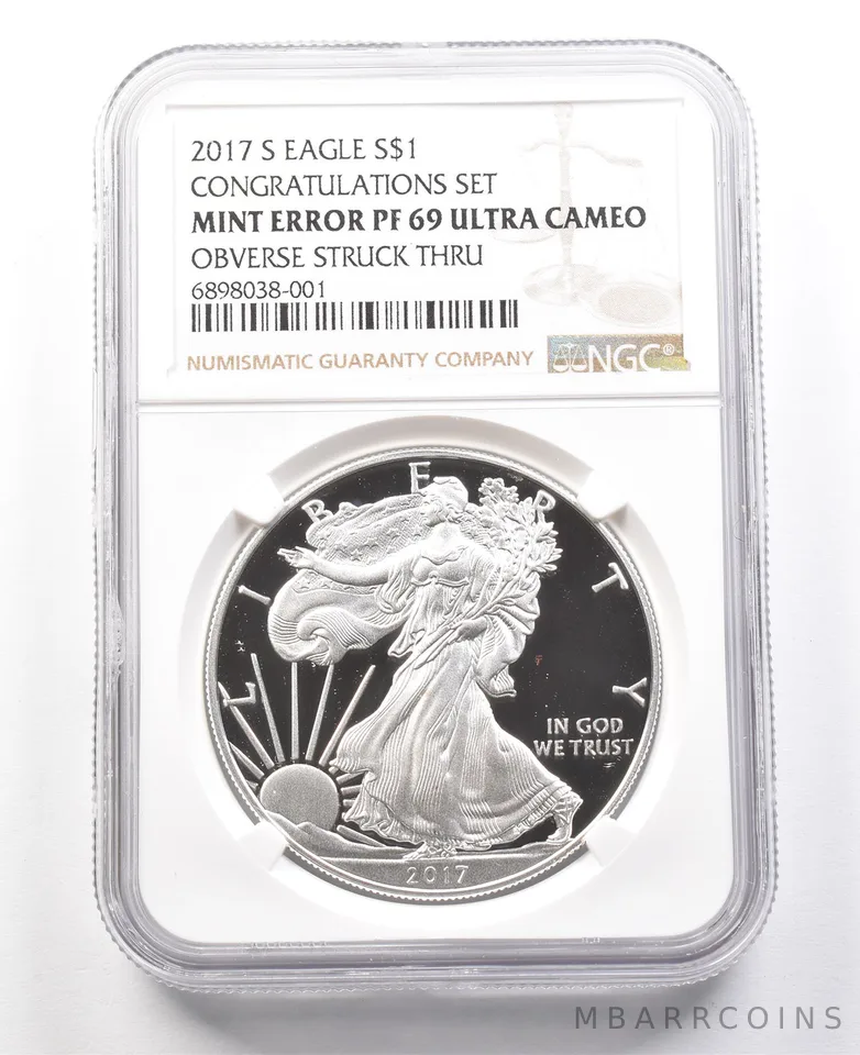2017-S American Silver Eagle Congrat Set Mint Error PF69 Obv Strk Thru NGC *2996