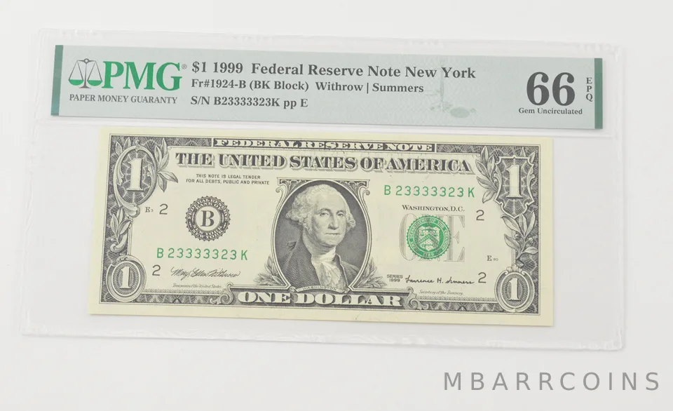 Gem UNC 66 EPQ 1999 $1 FRN NY - FR#1924-B PMG Almost Solid 3's a6593
