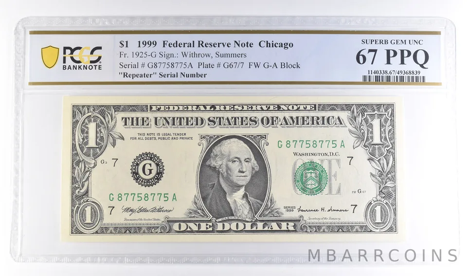 1999 $1 Chicago FRN Fr#1925-G Repeater Serial Superb Gem Unc 67 PPQ PCGS *6116