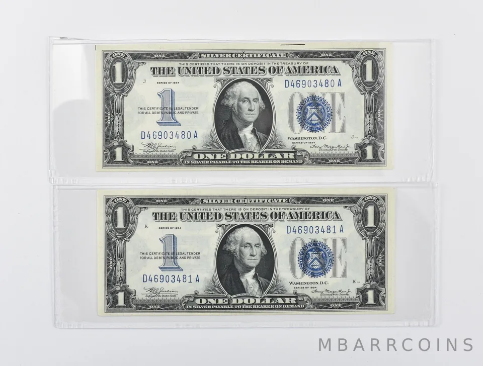 Lot (2) 1934 $1 Silver Certificate Blue Seal Consecutive Serial Numbers *7078