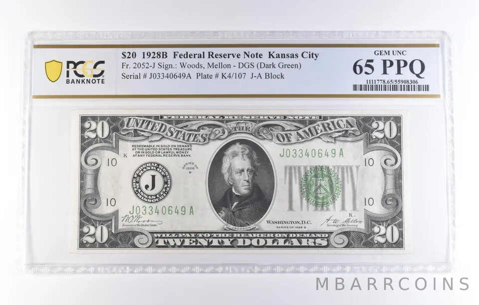1928 B $20 Kansas City MO FRN Fr#2052-J DGS (Dark Green) Unc 65 PPQ PCGS *8243
