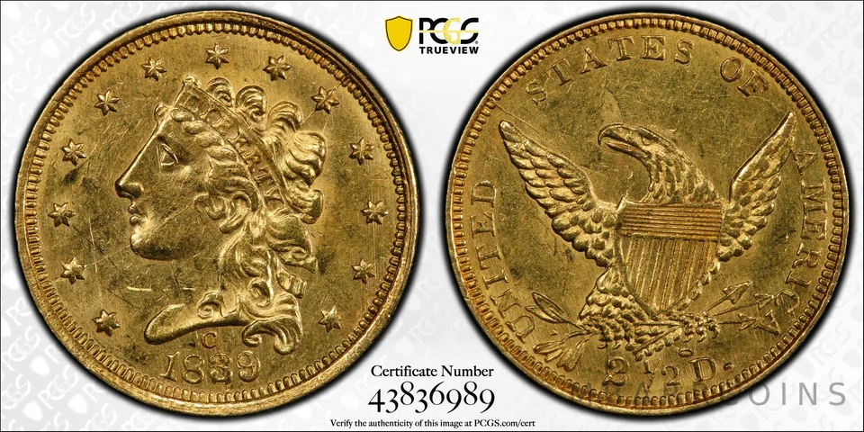 MS60 1839-C $2.50 Classic Head Gold Quarter Eagle PCGS a1748