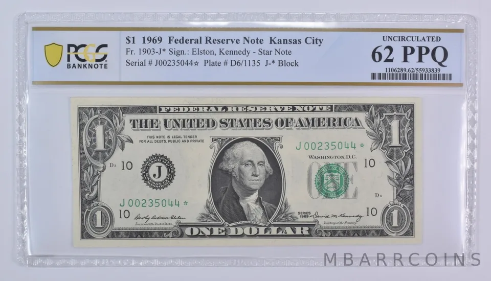 1969 $1 Kansas City MO FRN Star Note Fr#1903-J* Unc 62 PPQ PCGS