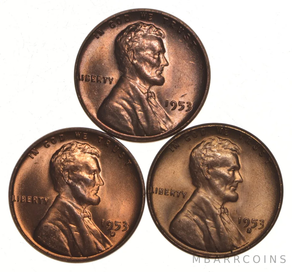 Choice Unc 1953 P+D+S Lincoln Wheat Cent Gem BU Collection Lot Set
