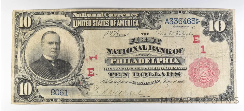 1902 $10 National Currency Note Philadelphia PA Ch#1 Large Note *5641