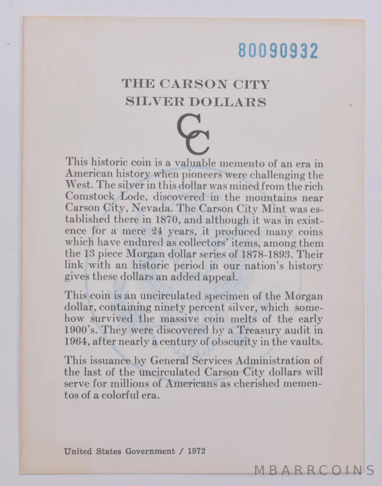 COA 1880 GSA Certificate Original Card for CC Morgan Silver Dollar (1card)