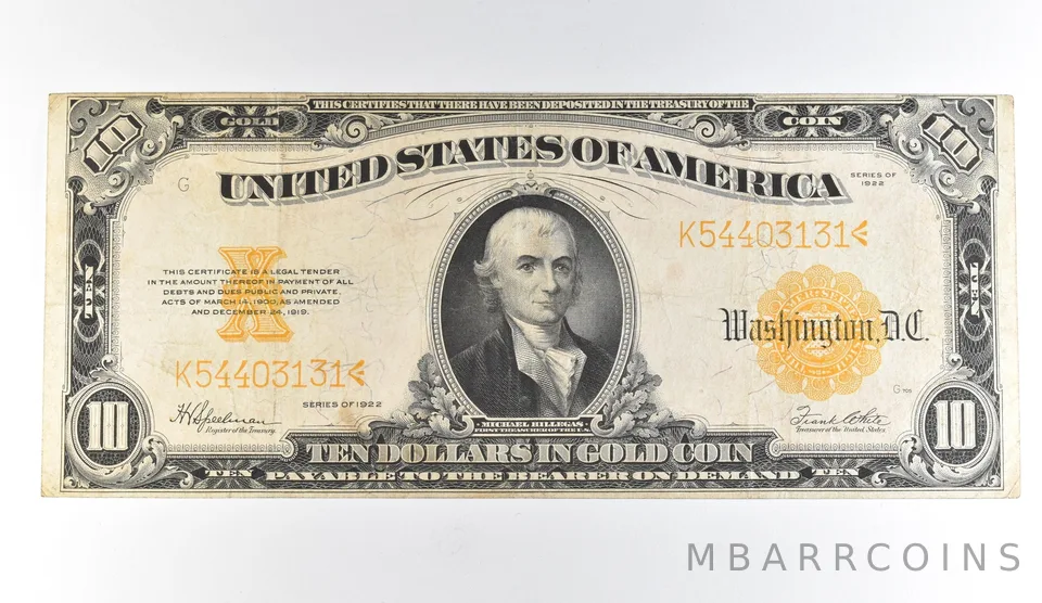 1922 $10 Gold Certificate Large Note Yellow Seal *1700