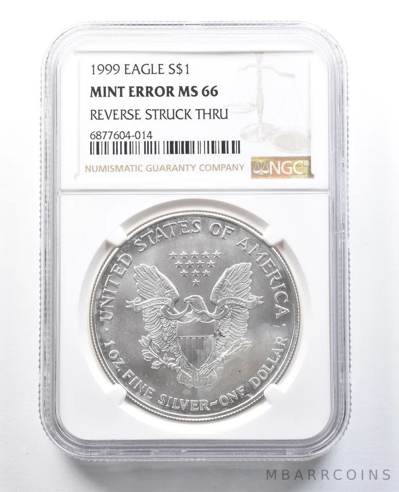 1999 American Silver Eagle Mint Error Reverse Struck Thru MS66 NGC *8271