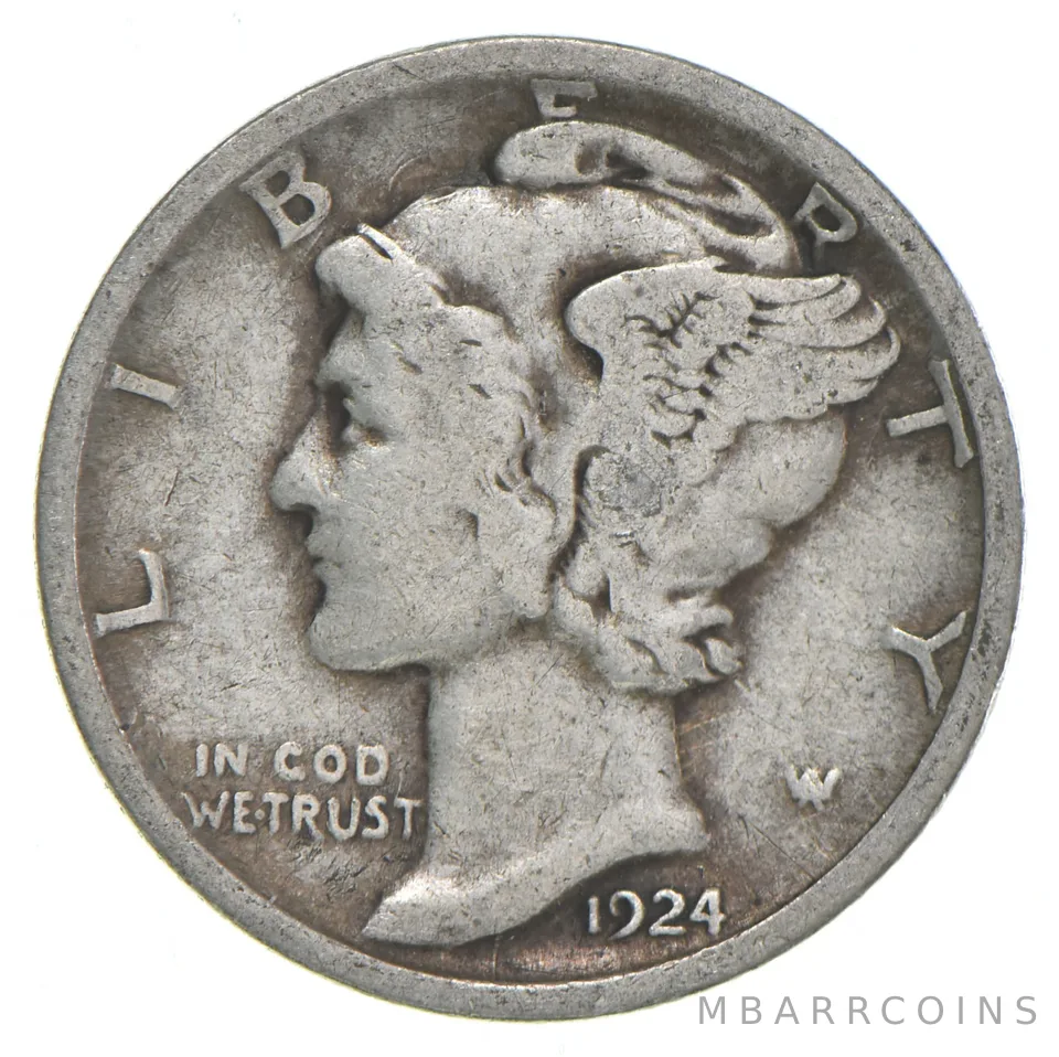 VG+ 1924 Mercury 90% Silver Dime