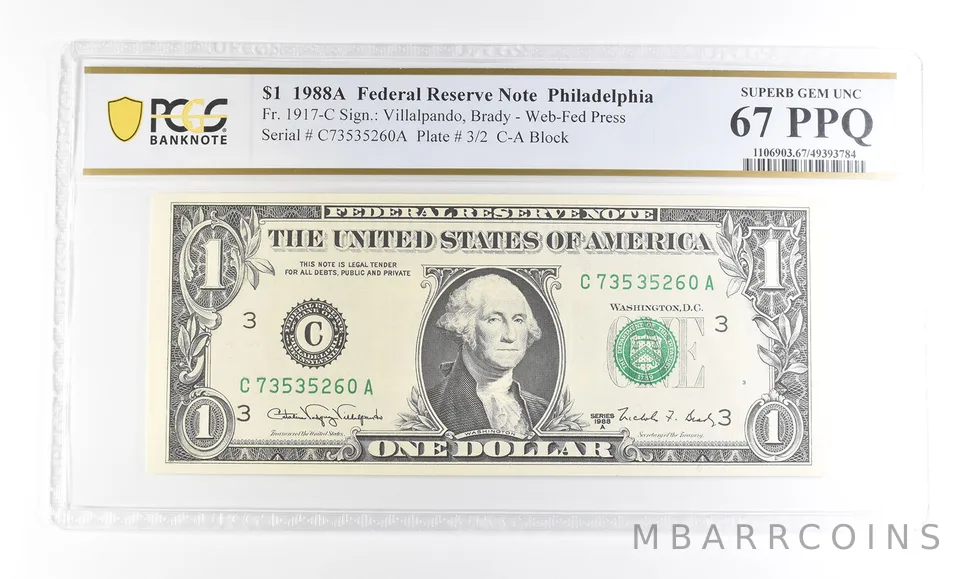 1988 A $1 Philadelphia PA FRN Fr#1917-C Superb Gem Unc 67 PPQ PCGS a2906